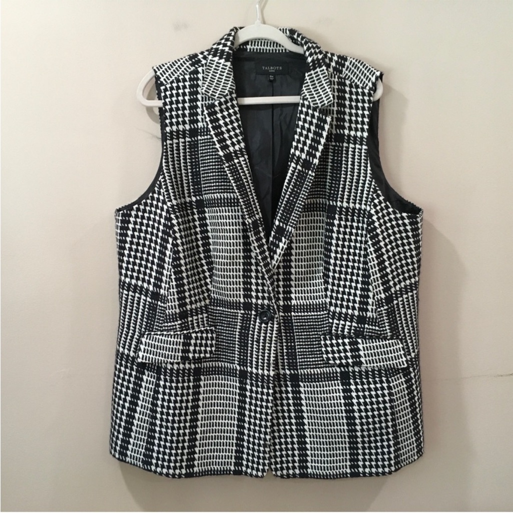 Talbots Black And White Houndstooth Fully Lined Vest With Tailored Collar 18w